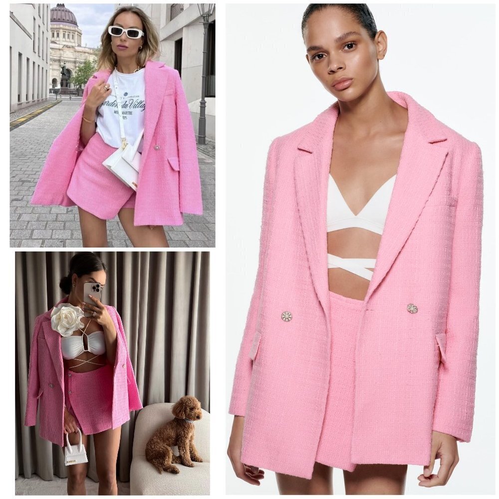 NWOT Zara Bright Barbie Pink Texture Tweed Boulce Jewel Buttons Blazer Jacket S﻿